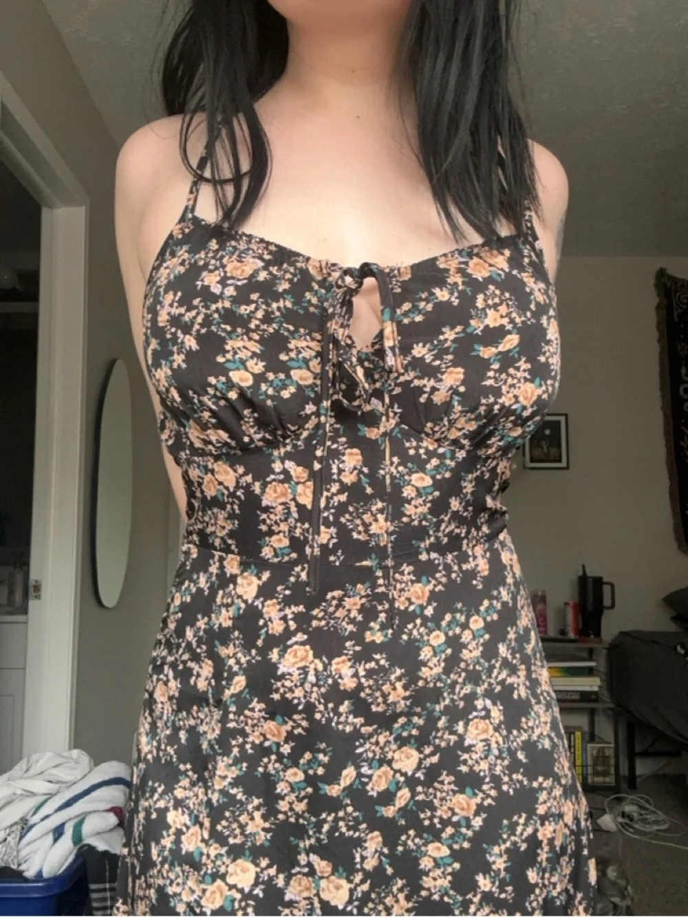 Black Floral Whimsigoth Slip Dress with Tan Rose Print - Picture 3 of 3
